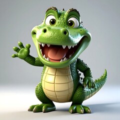 Fototapeta premium Cheerful green cartoon alligator waving, with a beige tiled belly