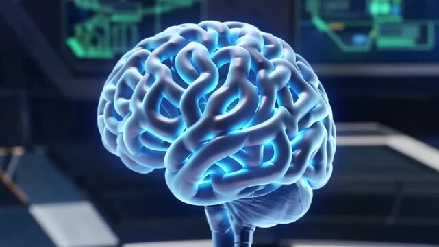Gloved hand interacts with glowing blue brain model in futuristic laboratory setting with green circuit displays
