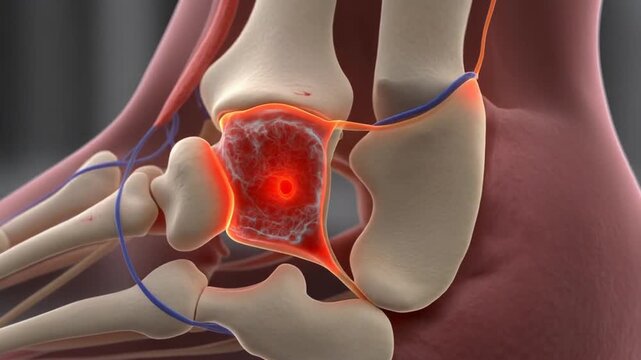 Human ankle bones with highlighted pain area and inflammation in a medical setting