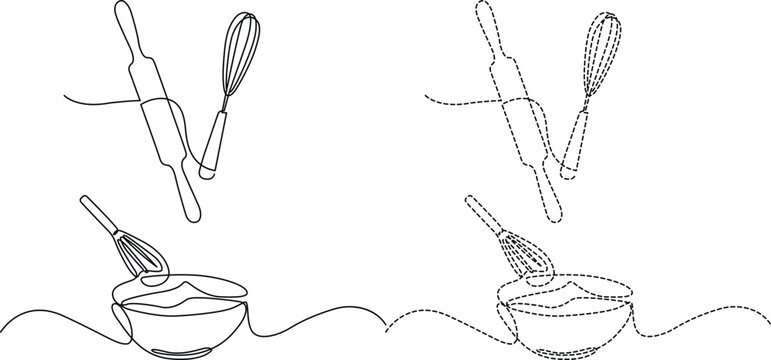Minimalist continuous line art illustrations of baking tools like whisks bowls and rolling pins Vector