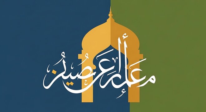 Modern islamic calligraphy on split blue and green background with golden mosque silhouette for holy holidays