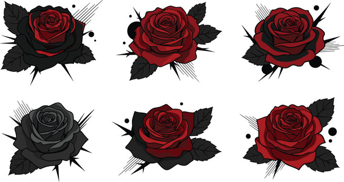 Bold Red and Black Rose Flower Illustrations with Abstract Splashes and Sharp Edges for Graphic and Modern Designs