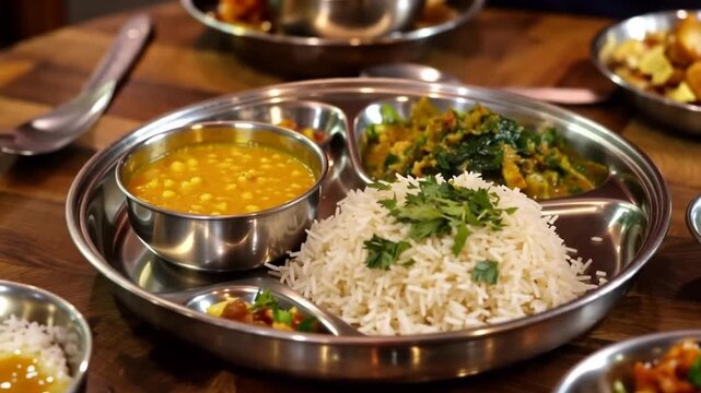Traditional Indian thali meal with rice, dal, and vegetables on a wooden table in a restaurant