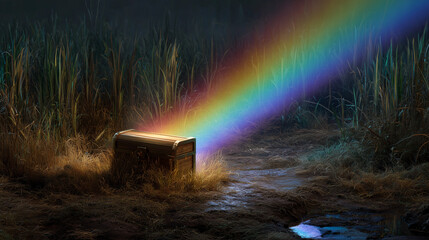 Black cauldron full of golden coins at the end of a rainbow with green clovers for st patricks day 