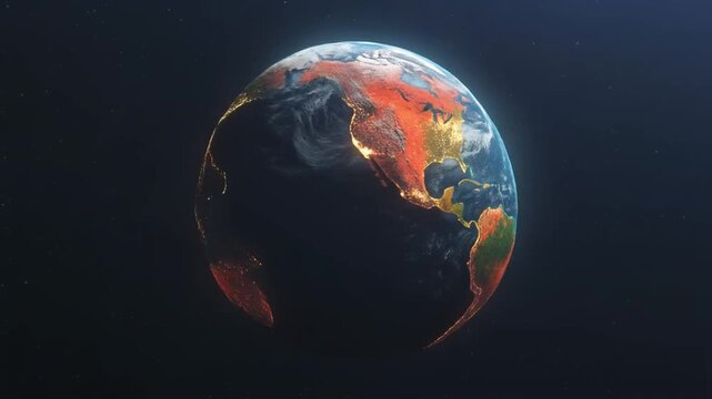 Western Hemisphere on a glowing Earth from space with Americas lit by sunset, against a dark background, symbolizing global warming
