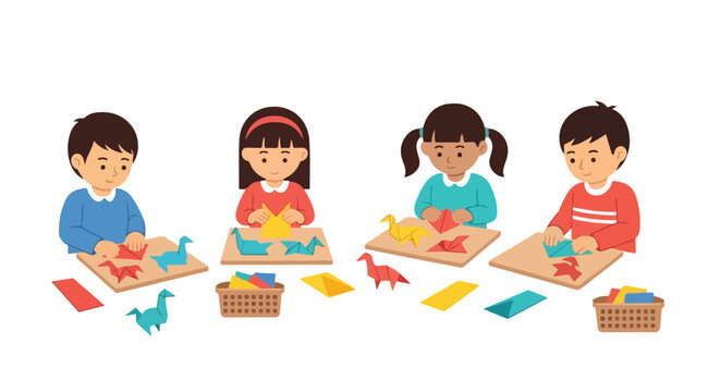 Four diverse children are happily engaged in an arts and crafts activity, sitting at small tables and diligently folding colorful paper to create origami birds.