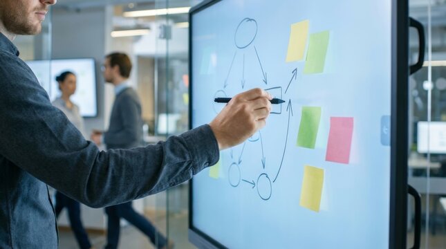 Hand Using Stylus on Large Interactive Digital Whiteboard for Team Brainstorming. Represents agile workflow, future office, and collaboration.