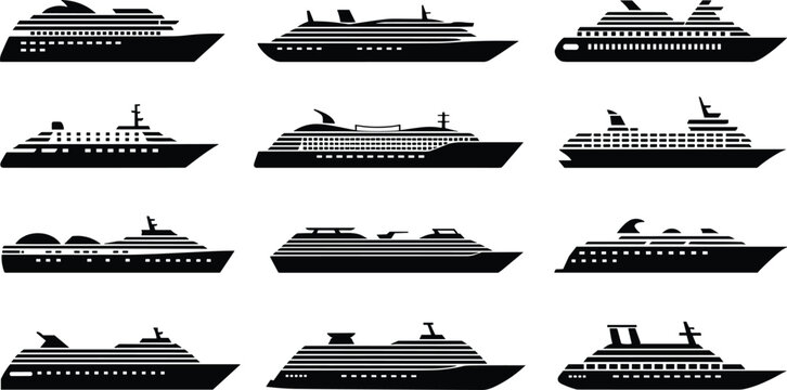 Large collection of cruise ship and luxury yacht silhouettes featuring side view vessel outlines isolated on white background vector illustration for maritime travel and nautical transport logo design