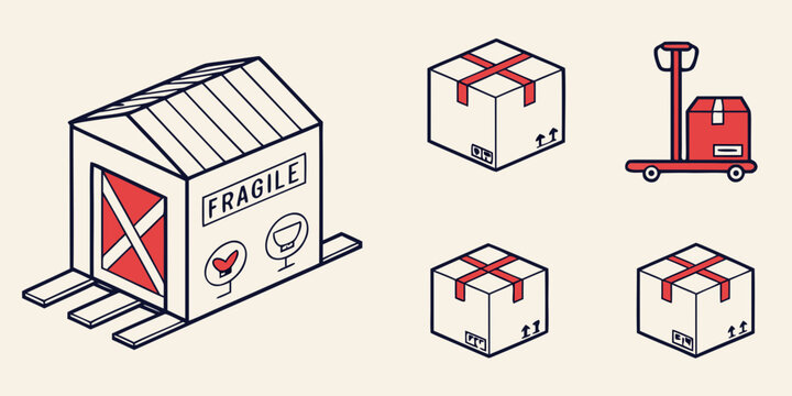 a warehouse with boxes and a pallet jack Vector