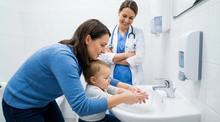 Obraz premium Caring mother teaches toddler proper handwashing technique under the watchful eye of a friendly doctor, promoting essential hygiene habits in a medical setting
