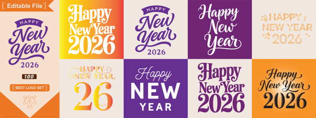 Happy new year 2026 colorful hand lettering typography design in light and dark background variations for celebration greeting use © SkAshik