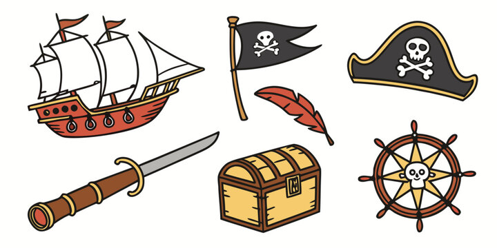 a collection of pirate themed items including a ship and treasure Vector
