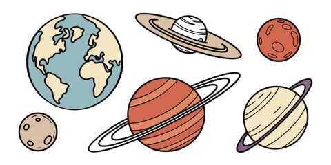 a group of cartoon planets and a moon in the solar system Vector © rabi
