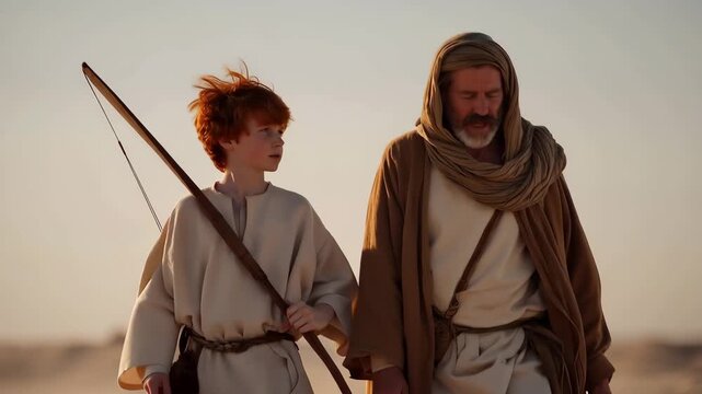 Isaac and his eldest son, Esau, hunt in the forest. Biblical illustration