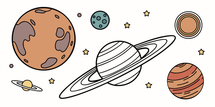 a drawing of planets and a spaceship in outer space Vector