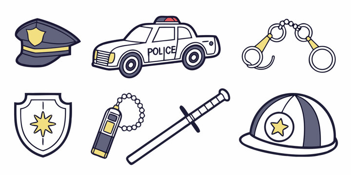 law enforcement icons including police car and officer gear Vector