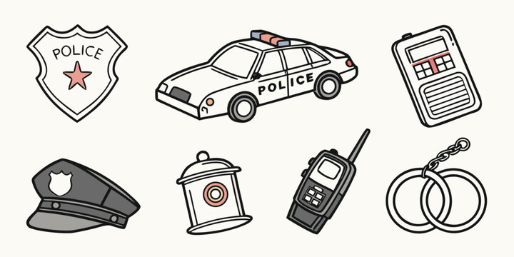 police station icons with car badge and equipment Vector