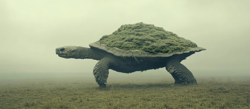 Surreal Turtle with Living Forest Shell, Walking Through Misty Landscape