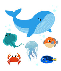Obraz premium Cute Whale and Ocean Animals Illustration Set