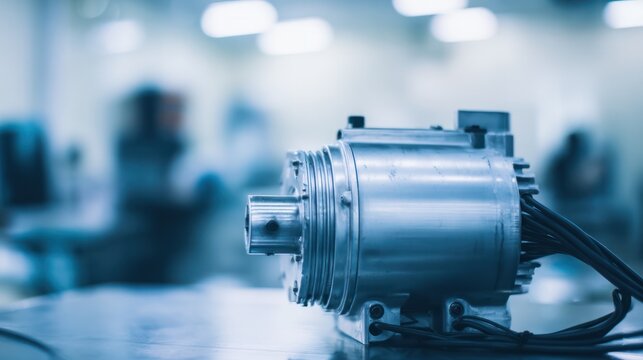 Large industrial stepper motor with metal casing and bundled cable. A safety poster designed specifically for precision metal processing and manufacturing facilities.