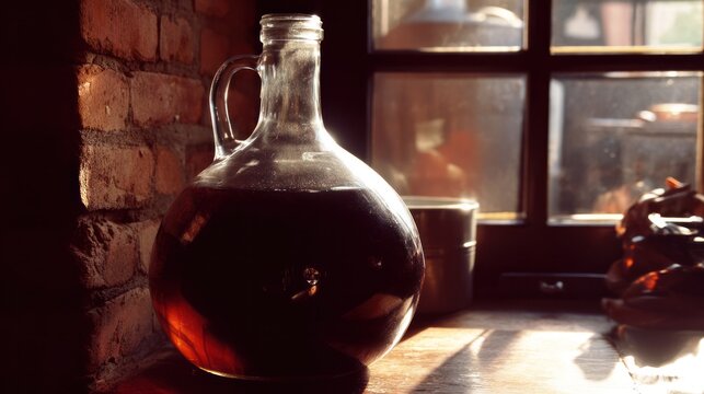 A glass carboy filled with dark liquid in a rustic workshop. safety posters, maintenance manuals, designed for precision metalworking and fabrication facilities, used by engineers.