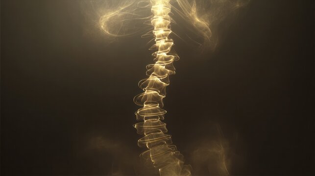 X-ray silhouette of a human spine with a subtle golden coil ascending within the vertebrae. STEM education sheets, lab safety posters, designed for biotech research communications.