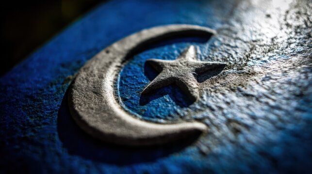 Ancient copper disc with etched silver crescent moon and star on deep blue background. event programs, museum guides, designed for cultural heritage projects and event programs.