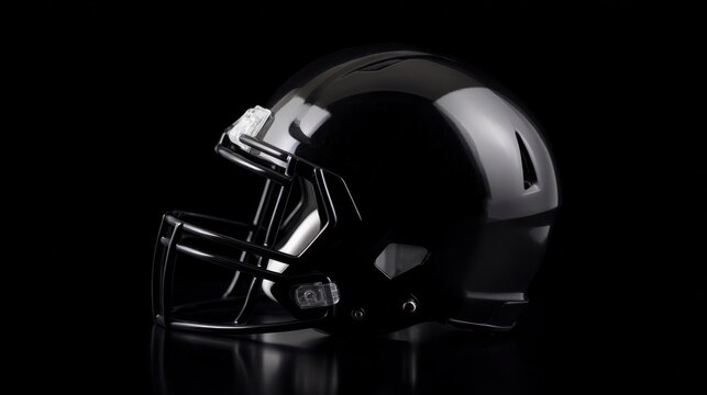 Shiny professional gridiron football helmet illuminated dramatically on a black background, emphasizing athletic safety gear. event key visuals, designed for sports competitions and stadium promotions
