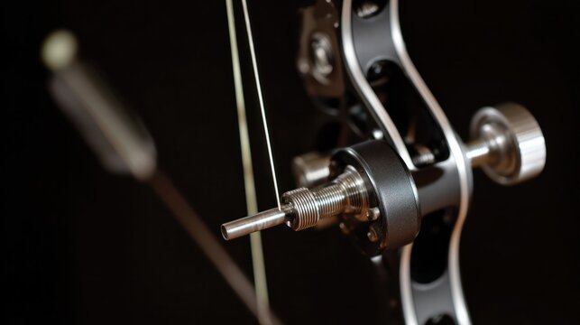 Drawn compound bow with taut string and arrow, side view on dark background. lifestyle magazines, social media lookbooks, designed for influencer and brand collaborations.