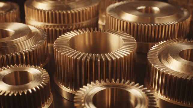 Interlocking brass gears turning in synchronized motion, mechanical detail. product launch decks, UI/UX mockups, designed for product launches and innovation pitches, used by teachers.