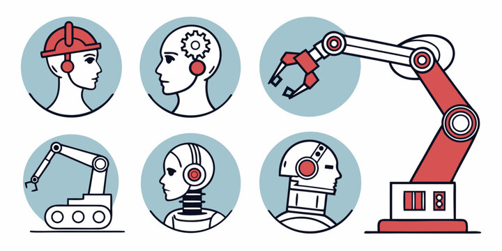 industrial robot arm with various head and tool attachments Vector