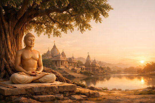 Tirthankar Lord Mahavir statue with golden aura celebrating Mahaveer Jayanti Jain festival spiritual devotion