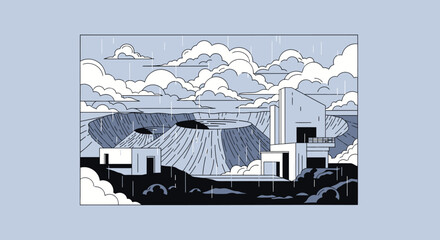 Surreal, stylized landscape with crater, buildings, and rain © gudangPIXEL