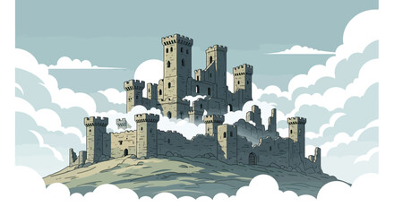 Majestic stone castle atop a hill surrounded by fluffy clouds under a light blue sky © gudangPIXEL