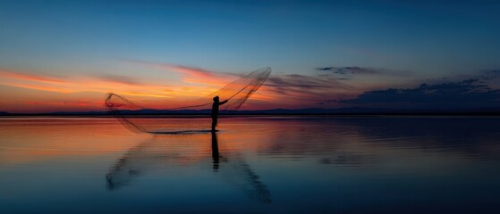 Naklejka premium The fisherman casting a net at sunset over calm reflective coastal waters