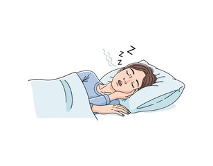 Illustration of a woman sleeping peacefully on a pillow, with subtle snoring indications above her head