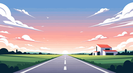 Expansive landscape with a road leading to a house under a colorful sunset sky © gudangPIXEL