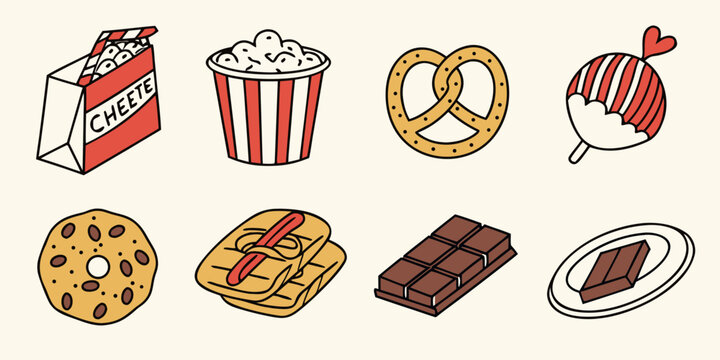 a collection of various tasty snacks Vector