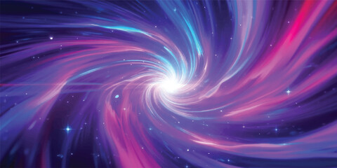 A vibrant digital illustration of a glowing blue and purple abstract fractal burst featuring a swirling space vortex and spiral galaxy patterns with light motion energy © Midul