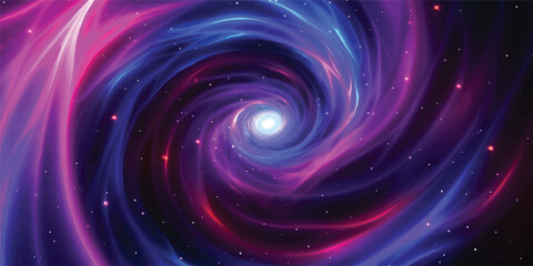An abstract purple and pink galaxy background featuring a glowing star pattern and a spiral vortex of light, creating a swirl of cosmic motion and energy in a blue space illustration © Midul