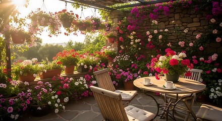 Obraz premium A sun-drenched patio adorned with an abundance of vibrant flowers in pots and hanging baskets, featuring a cozy table and chairs, bathed in warm golden light.