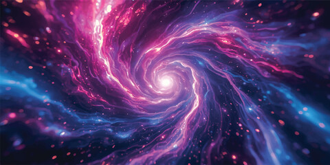 An abstract space background captures a dark fantasy universe filled with purple nebula clouds and glowing blue plasma stars across a cosmic night sky illustration © Midul