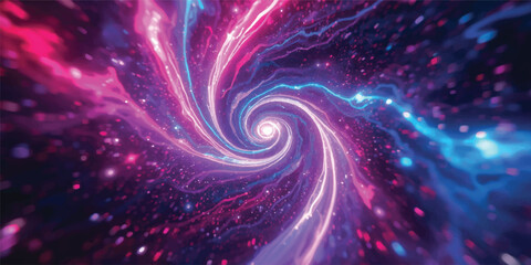 A vibrant purple and blue spiral galaxy swirls through the dark cosmos, creating an abstract fractal background of glowing stars and bright light in a celestial vortex design © Midul