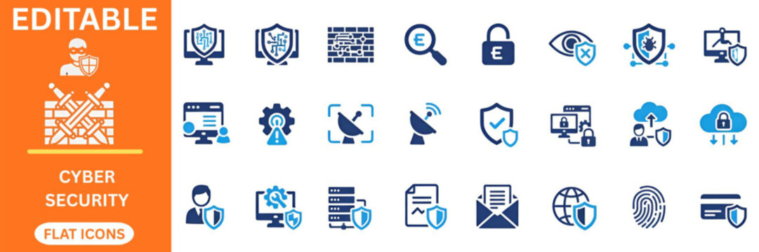 Cyber security and network protection flat icons set. Firewall, hacker, computer shield, database safety, data encryption, digital lock, secure server