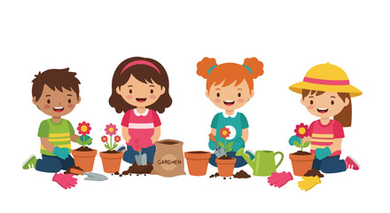 Fototapeta premium Four happy children, two boys and two girls, are kneeling and actively engaged in planting flowers and gardening with various tools.