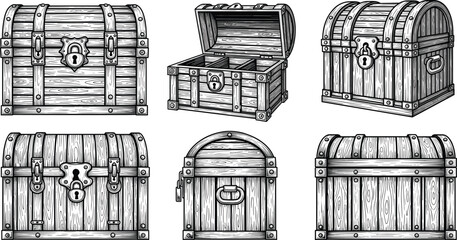 Vintage wooden treasure chest collection with metal locks and detailed wood texture, pirate storage boxes illustration set isolated on white background