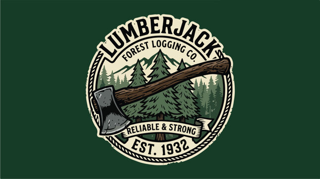 Lumberjack Forest Logging Company Emblem with Axe and Trees.