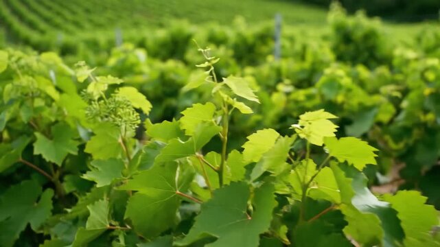 Vineyard Rows in Sunlight with Young Grape Clusters and Green Leaves.