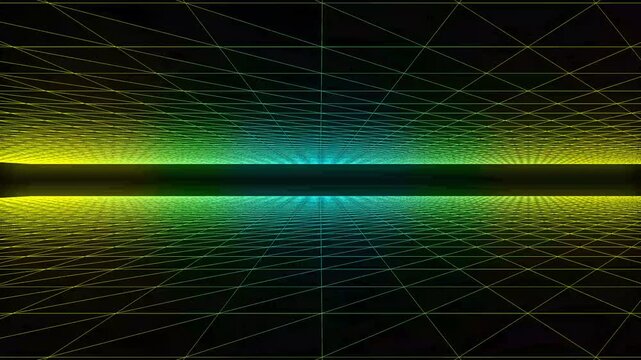 Retro synthwave wireframe grid animation with neon glowing lines, cinematic perspective motion graphics on black background, futuristic digital landscape overlay 4k video