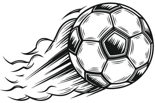 Soccer ball in motion, leaving trails to symbolize fast-paced competition and sport.